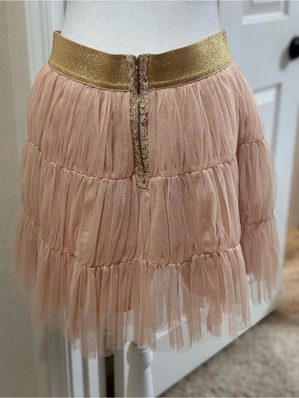 Twelve by Twelve Blush Pink Tiered Tulle Skirt with Gold Waistband